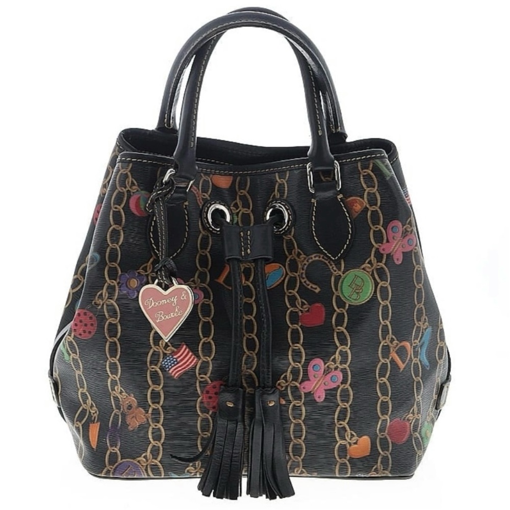Vintage Y2K Dooney & Bourke Black Leather Tote with Charm Chain Pattern Print